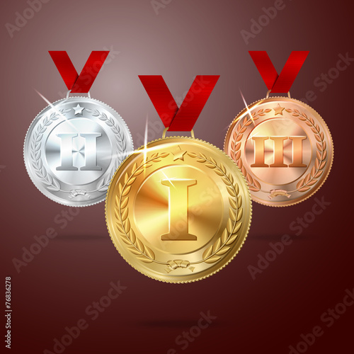 Vector Golden, Silver and Bronze medal set with red ribbons