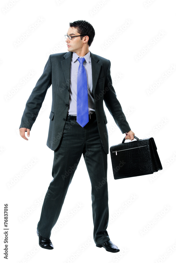 Businessman or hacker in sun glasses with briefcase, isolated Businessman or hacker in sun glasses with briefcase, isolated