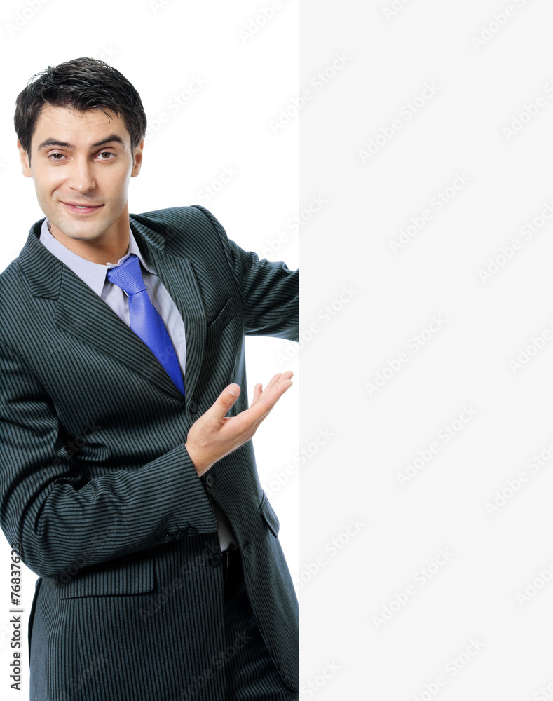 Businessman showing blank signboard, isolated Businessman showing blank signboard, isolated
