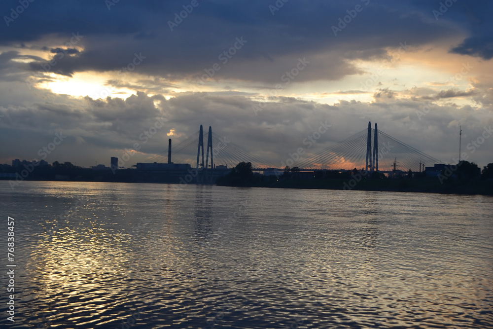 View of Neva river at sunset.