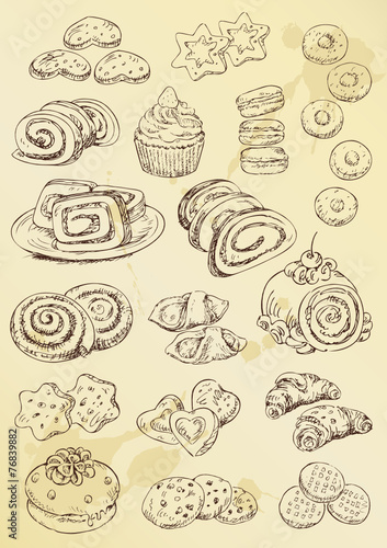 set of hand drawing cakes and cookies