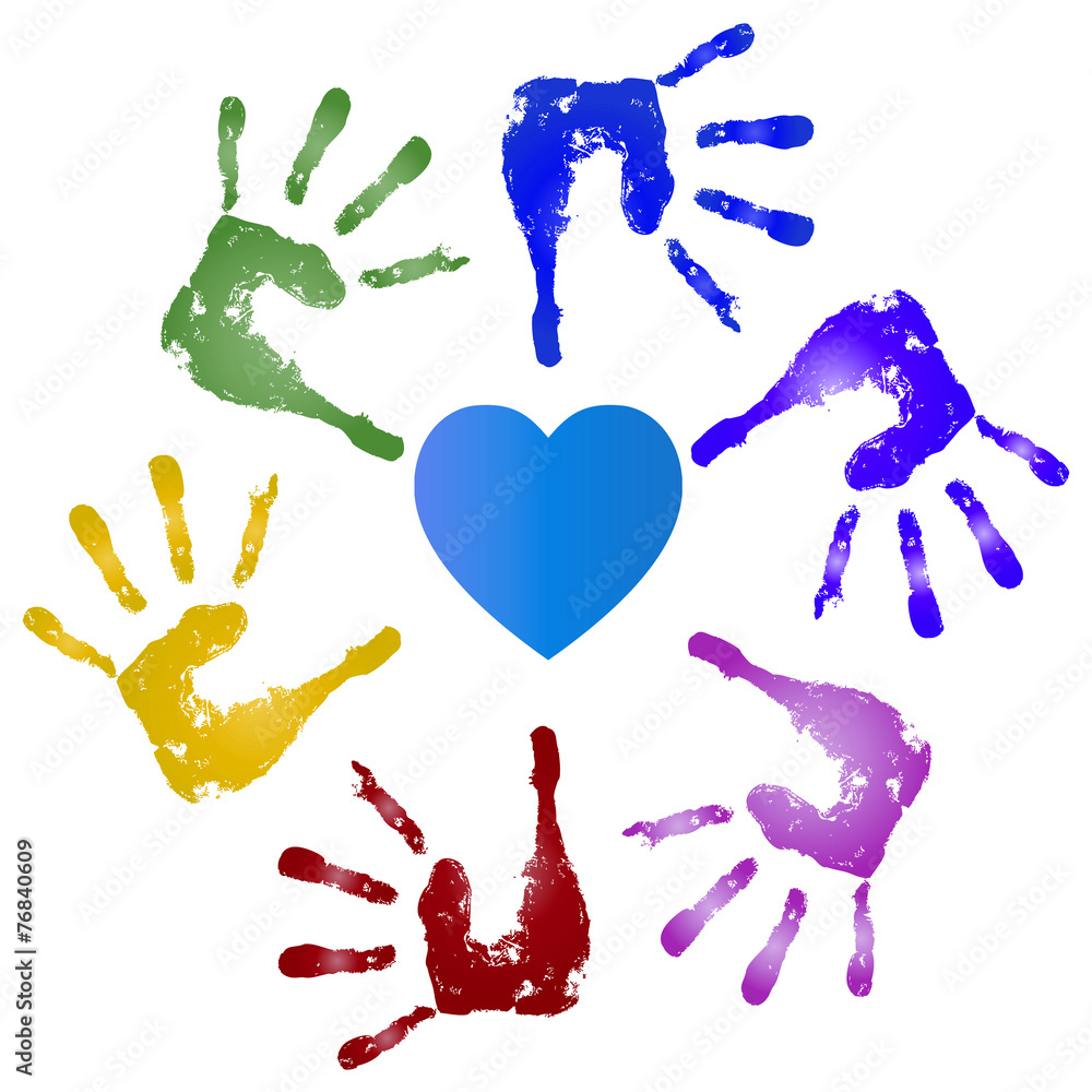 Conceptual children painted hand print and heart isolated Conceptual children painted hand print and heart isolated