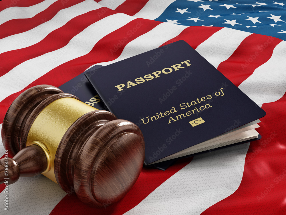 Gavel and passport on American flag