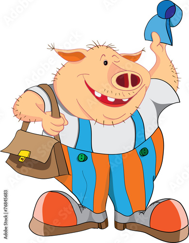 Веселая свинья с шапкой и сумкой photo