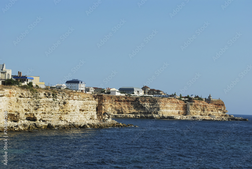 Sea landscape with rocks on shore in Crimea