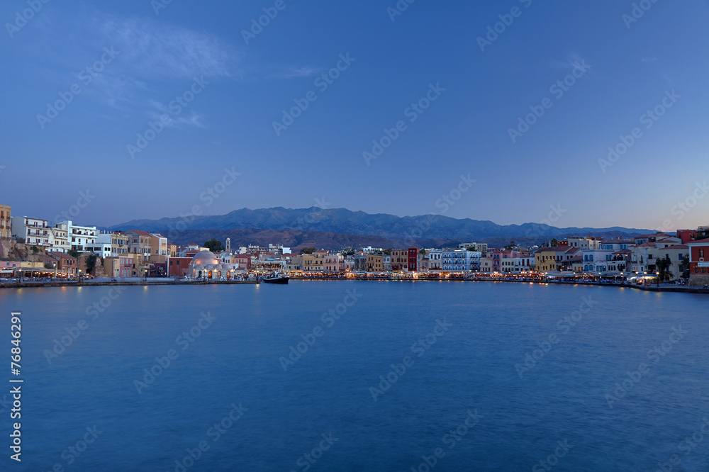 The old port in evening in city of Chania, Crete.
