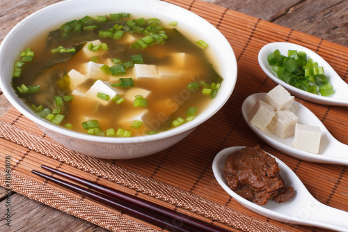Εκτύπωση καμβά Japanese miso soup and ingredients close-up. horizontal