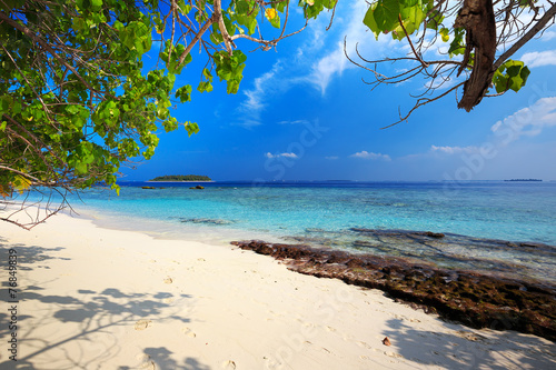 Fototapeta Naklejka Na Ścianę i Meble -  Tropical island with sandy beach, palm trees and ocean