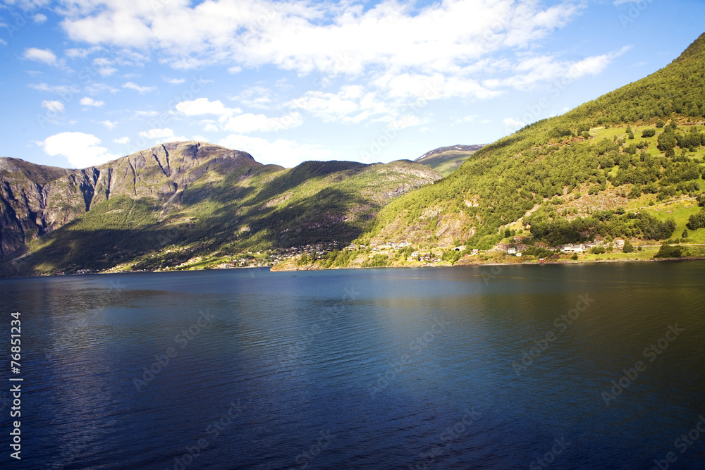 Norway fjord landscape panorama. A view with mountains and see