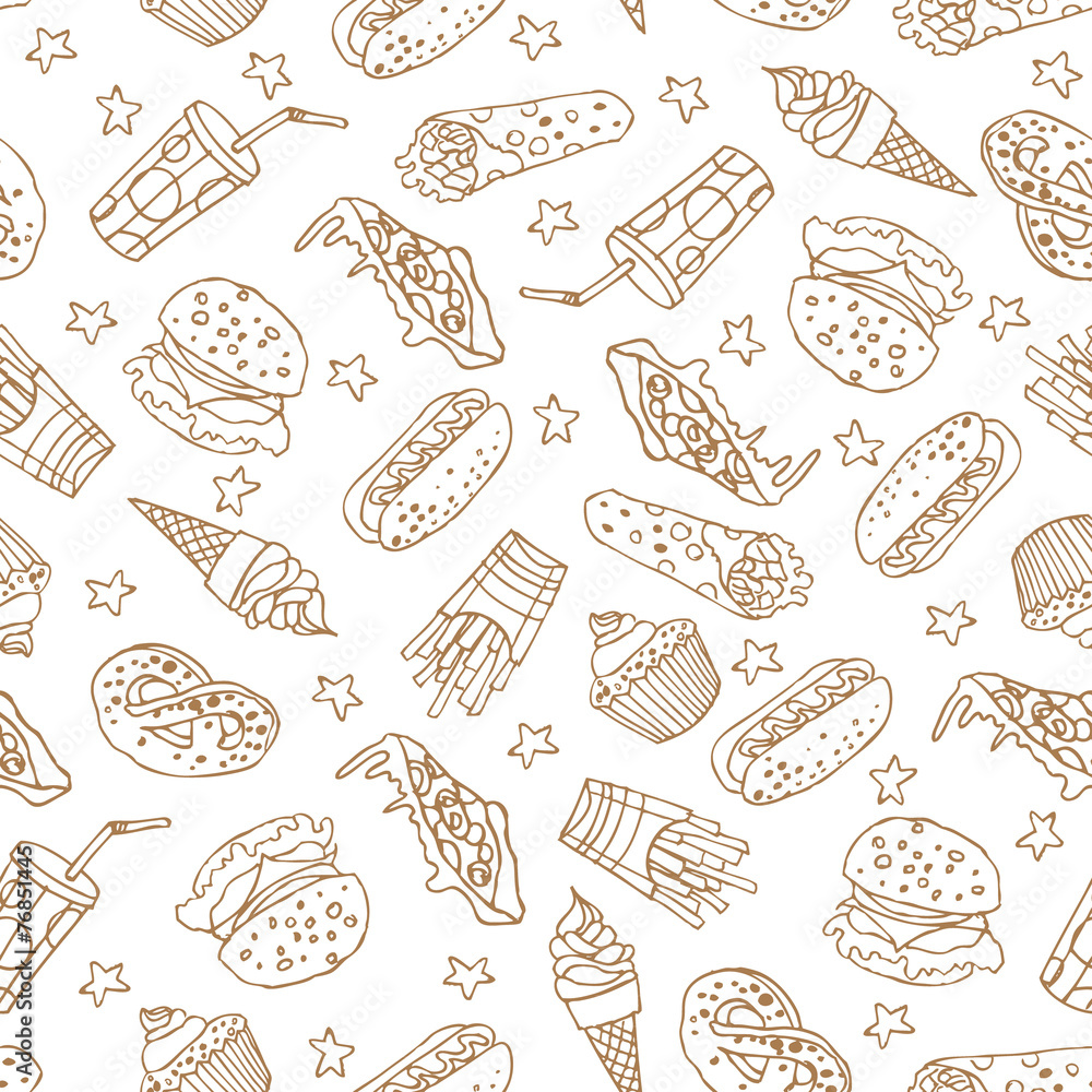 Vector seamless pattern with hand drawn fast food elements