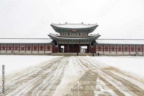 beautiful gyeongbok palace in soul, south korea - snow, winter