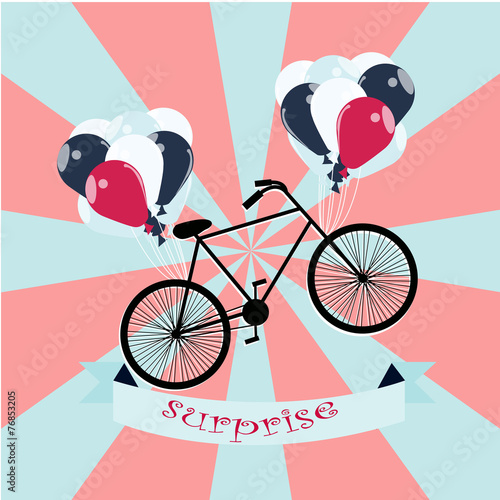 balloons and Bicycle,  illustration over blue and red color back