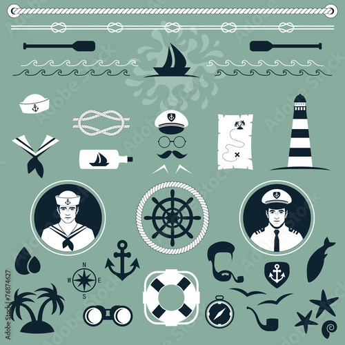 vector nautical icons, captain and sailor boat,