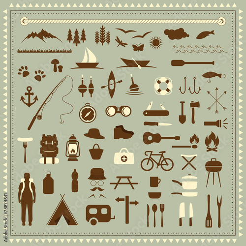 vector set camping icons, travel equipment, tent, compass