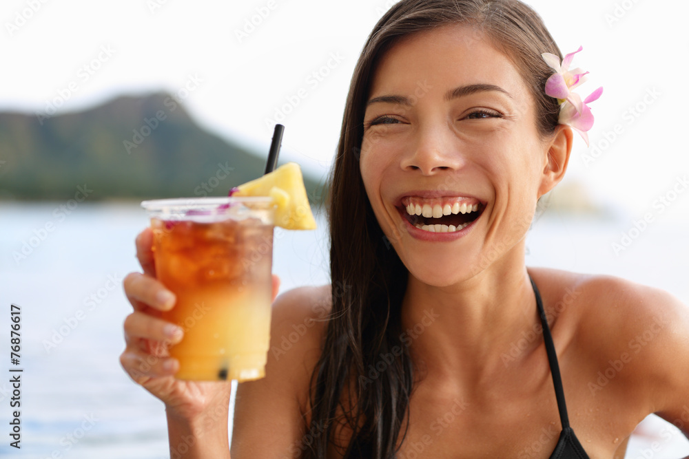 Hawaii woman drinking Mai Tai hawaiian drink Hawaii woman drinking Mai Tai hawaiian drink