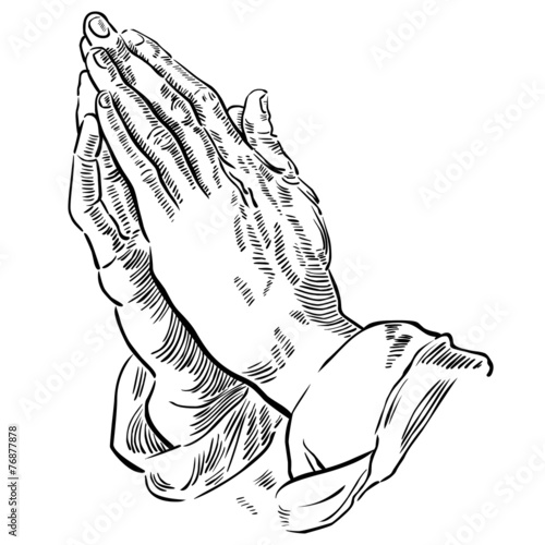 Hände zum Gebet gefaltet, schwarz-weiß Zeichnung, Vektor #76877878