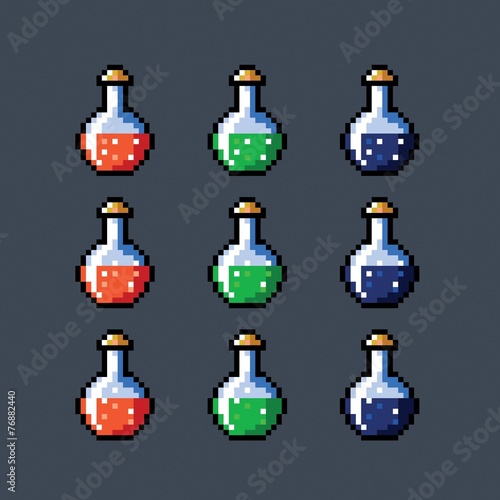 Set of animated potion bottles phial vial, pixel isolated