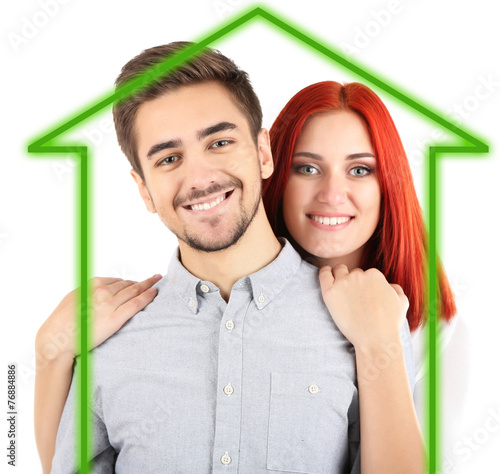 Loving couple in drawing house