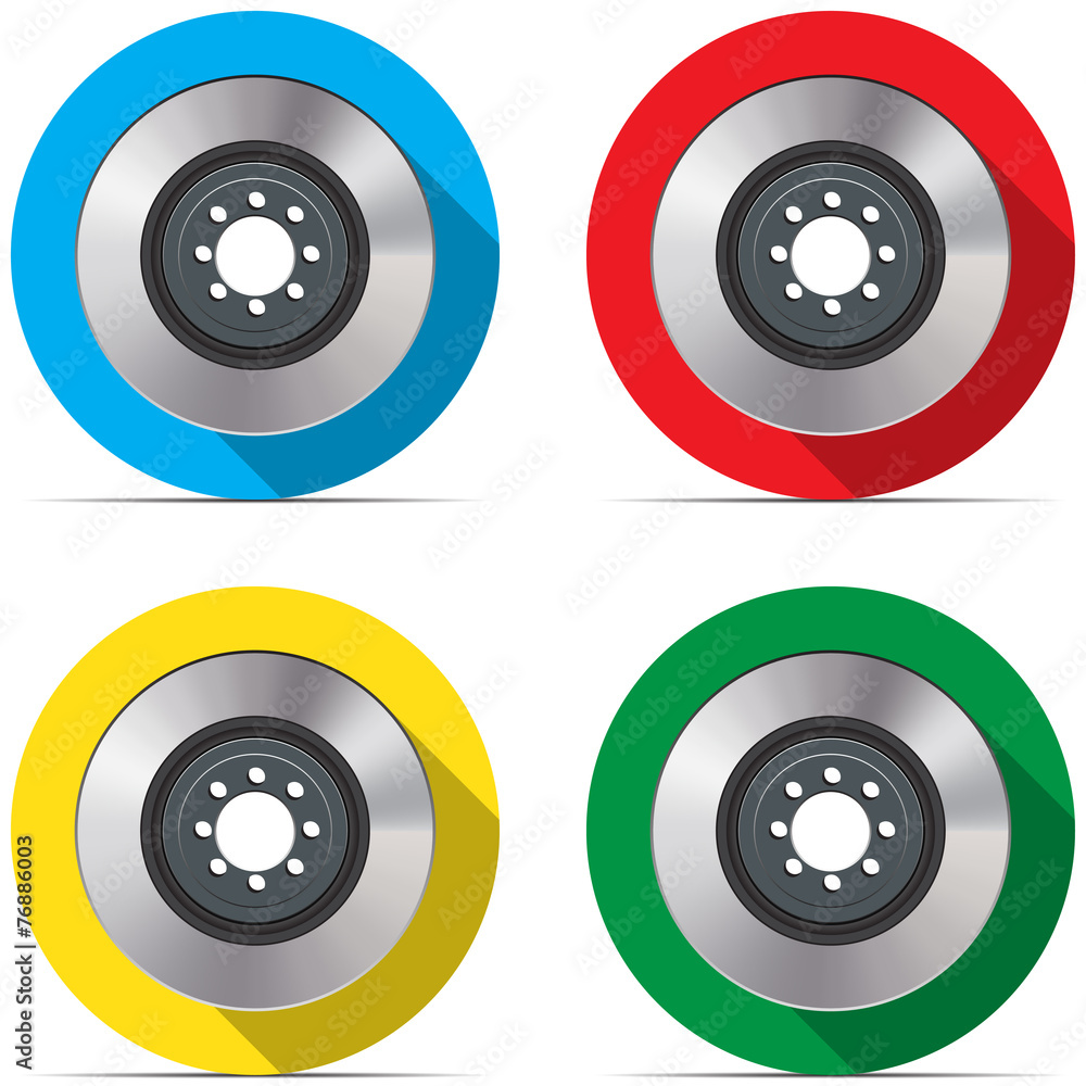 Set with brake discs on colored backgrounds with shadow Set with brake discs on colored backgrounds with shadow