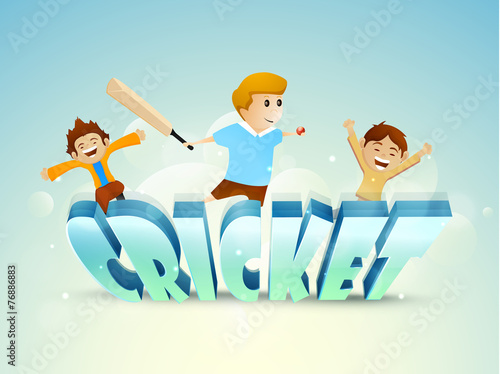 3D text Cricket with cute little kids holding bat and ball.