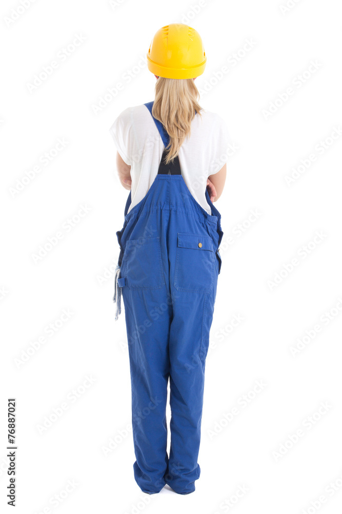 back view of woman in blue builder uniform isolated on white back view of woman in blue builder uniform isolated on white