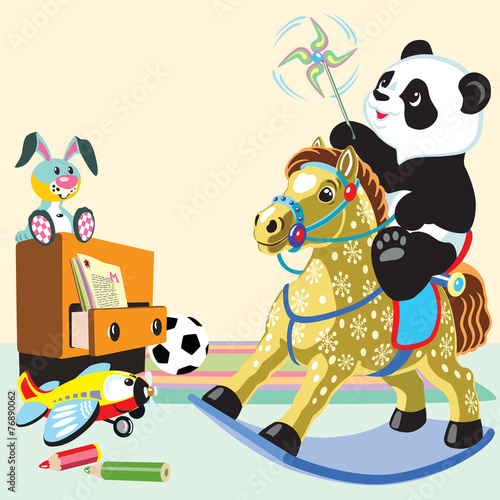 Fototapeta Naklejka Na Ścianę i Meble -  cartoon panda riding a rocking horse