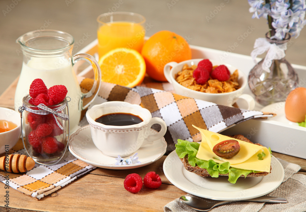 breakfast on wooden table breakfast on wooden table
