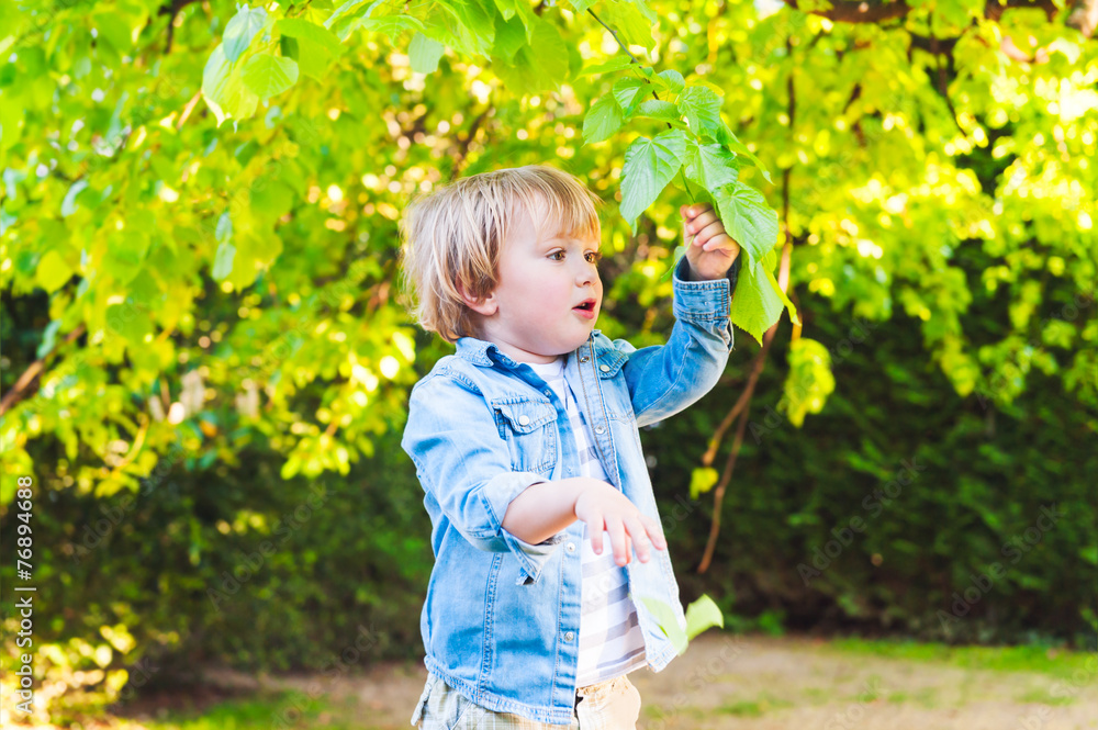 Adorable toddler boy playing with leaves in a park Adorable toddler boy playing with leaves in a park