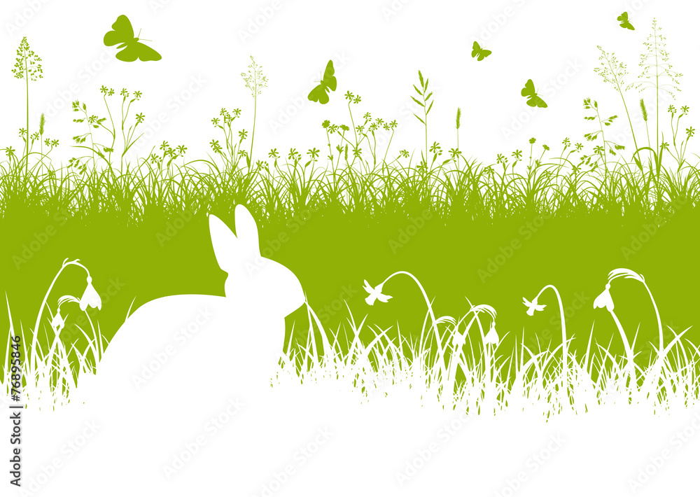 Fototapeta premium Ostern, Grußkarte, Osterhase, Wiese, Gras, Frühling, Silhouette