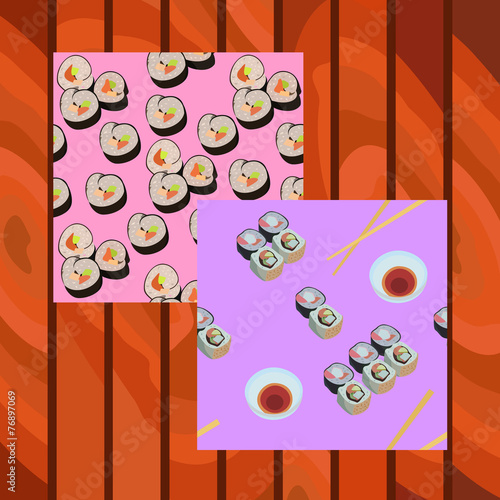 Two seamless patterns with sushi rolls on wood background