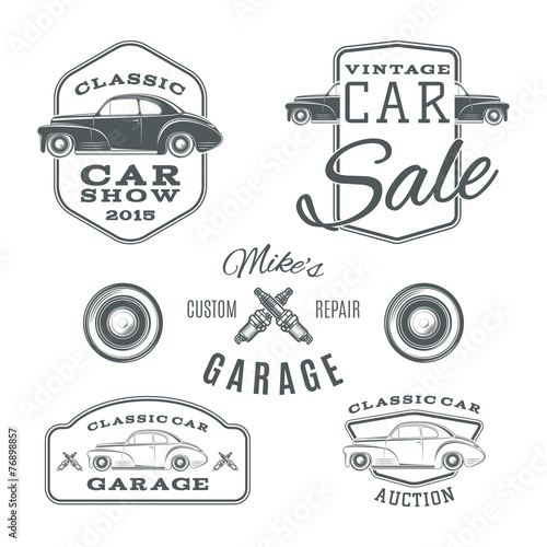 Set of vintage, classic car services labels isolated on white