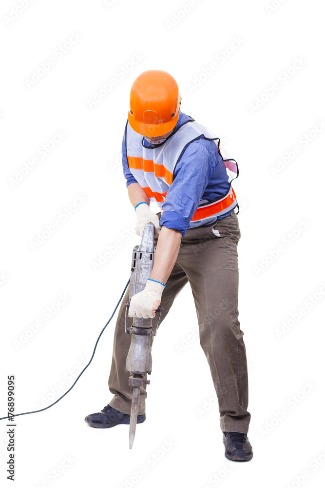 worker with pneumatic hammer drill equipment isolated on white worker with pneumatic hammer drill equipment isolated on white