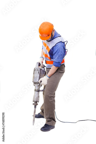 фотографія worker with pneumatic hammer drill equipment isolated on white