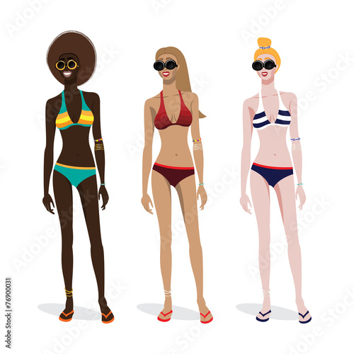 Three girls of different skin types in a bathing suit. Dark