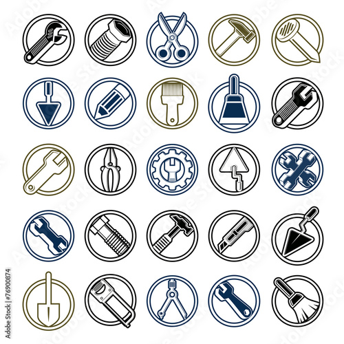 Stylized industrial icons, 3d work tools collection. Set of repa