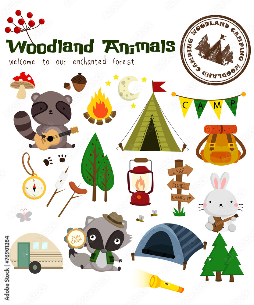 Fototapeta premium Woodland Animal Camping Vector Set