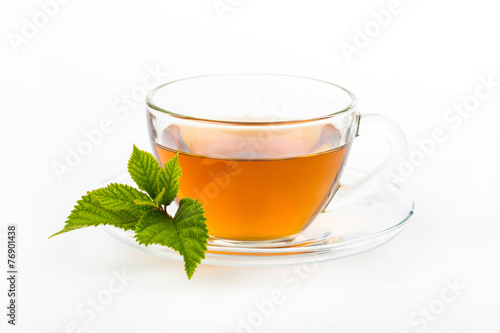 Glass Cup Tea with Mint Leaf, Isolated on White Background