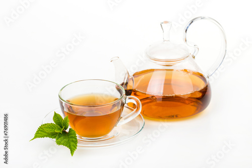Tea composition with mint leaf on white
