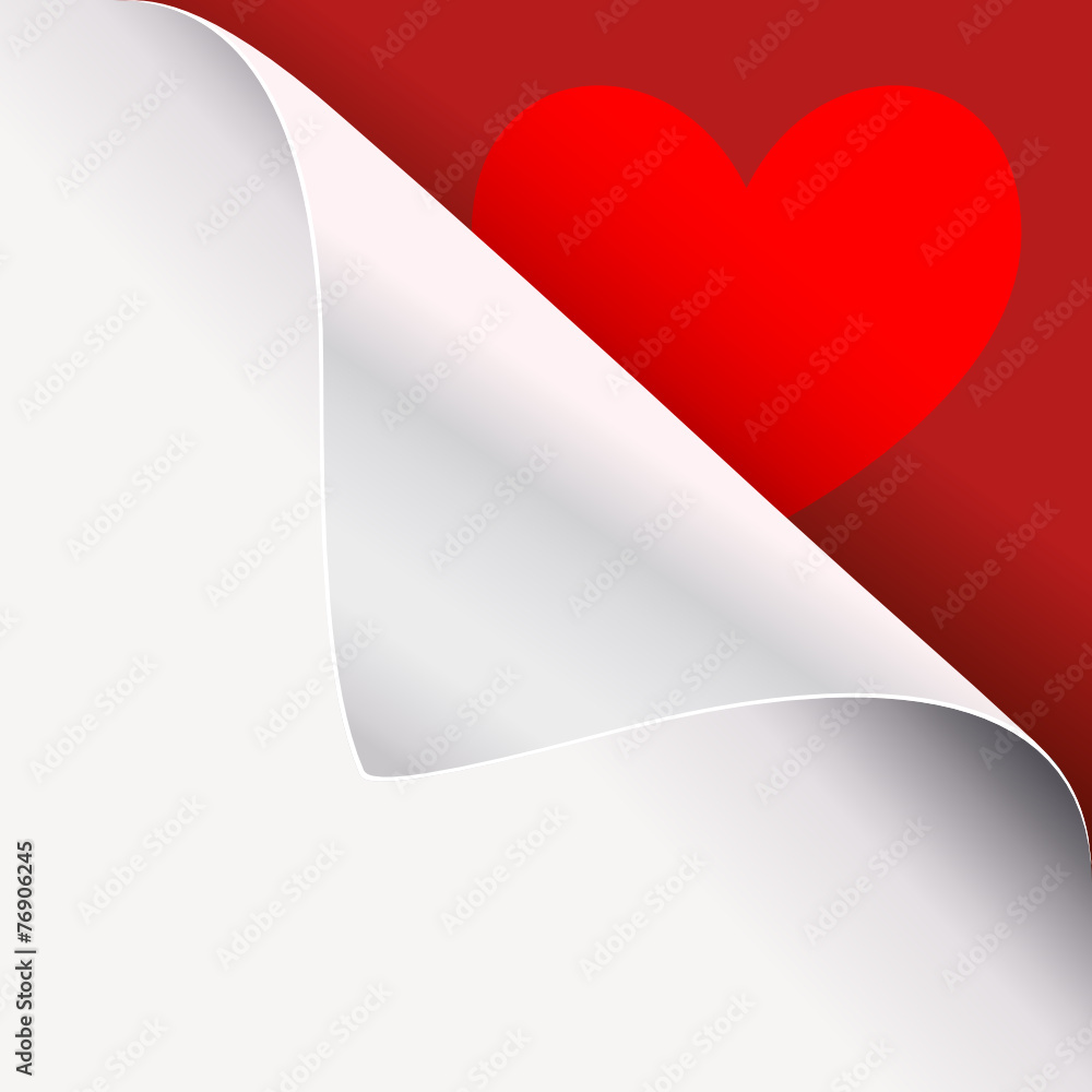 white paper curled corner on red heart page white paper curled corner on red heart page