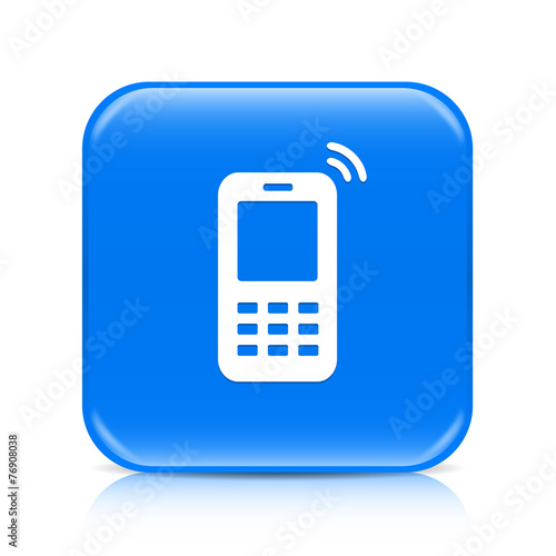 Blue mobile phone button icon with reflection