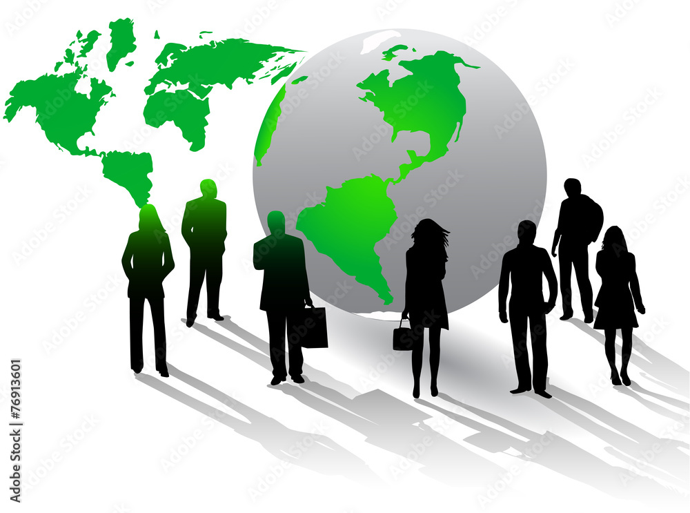 Illustration of business people and map