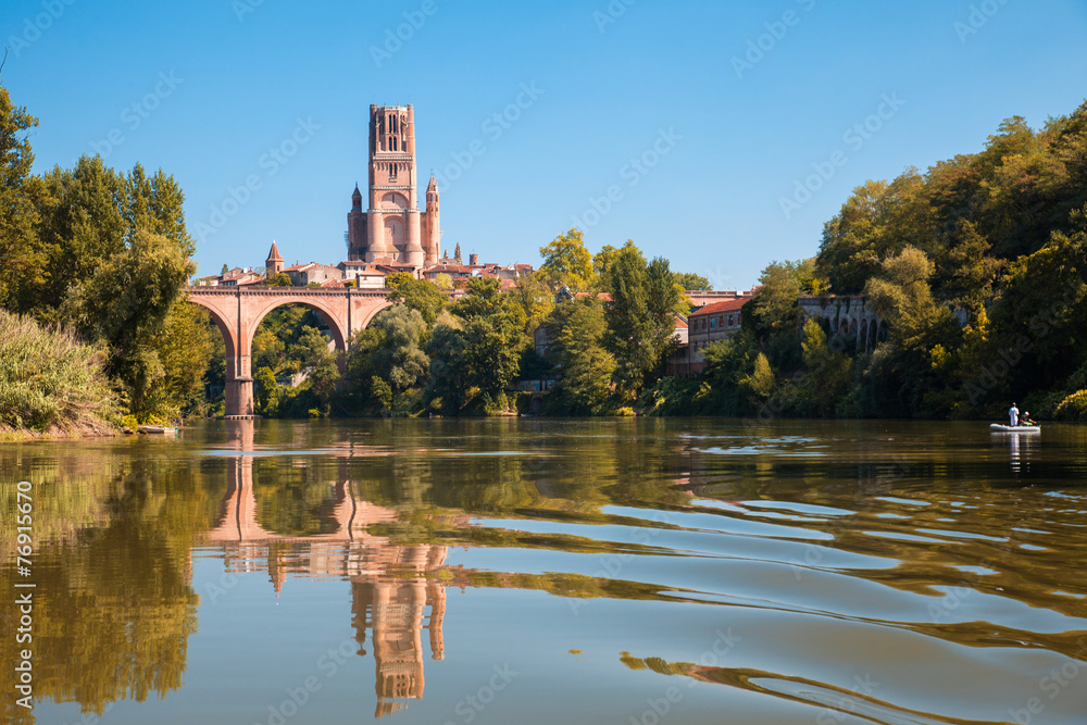 Bridge and cathedral in Albi and its reflection