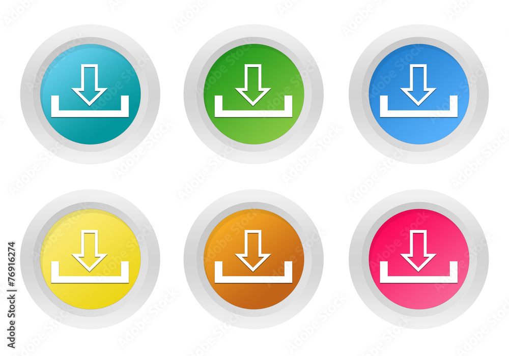 Set of rounded colorful buttons with download symbol Set of rounded colorful buttons with download symbol