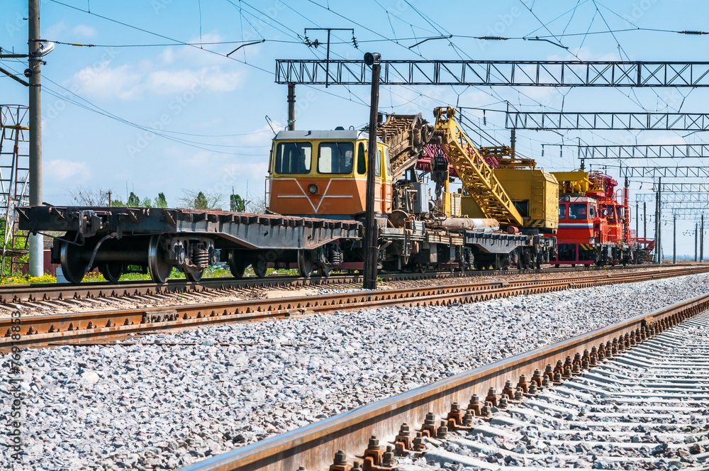 Fototapeta premium Train with special track equipment at repairs