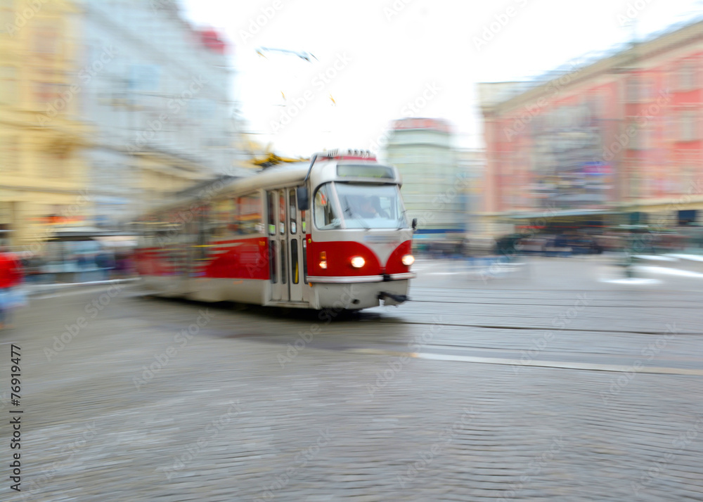 Old tram in motion blur in Prague