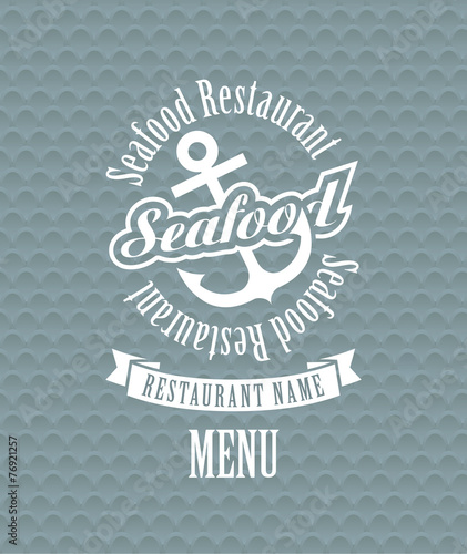 anchor and inscription seafood on fish scales background