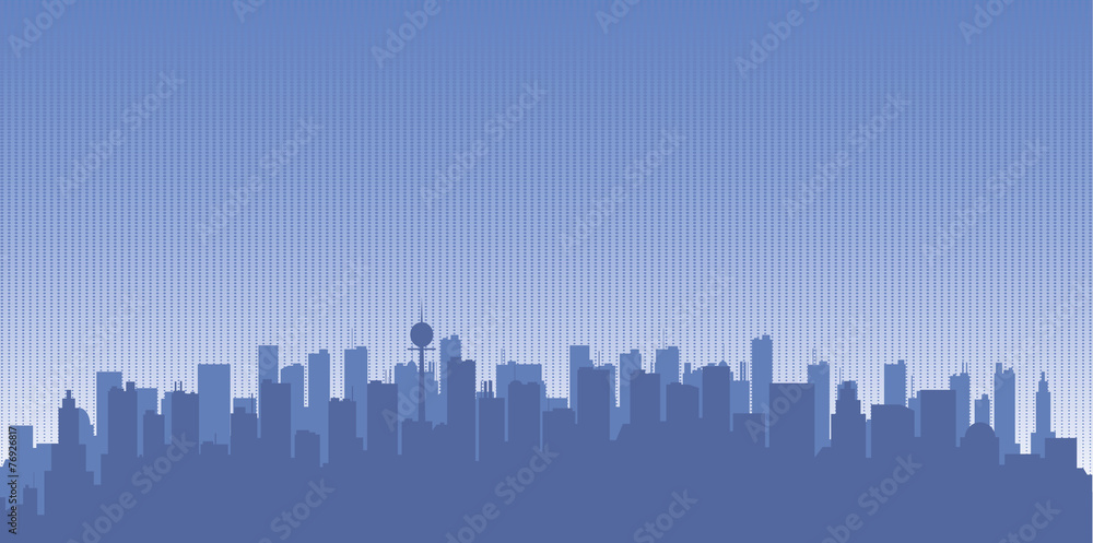 Original contour of the big city on a blue background.
