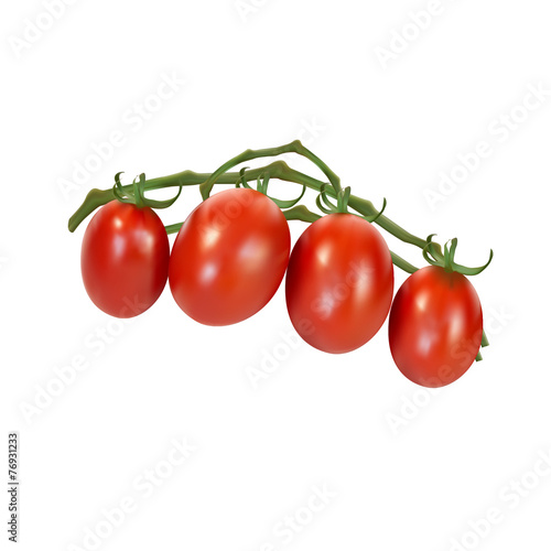Red ripe tomatoes on green line close up white