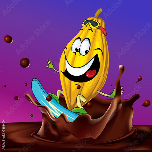 cocoa pod surfing on chocolate splash - vector