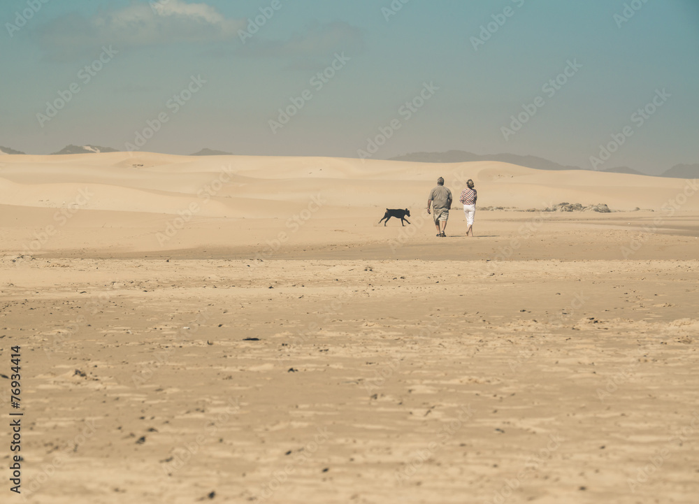 Couple with dog walking on beach with big sand dunes and blue sk